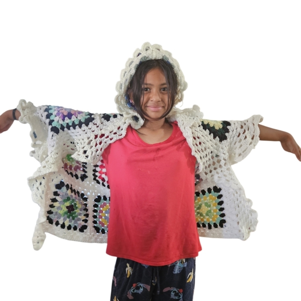 Hand Crafted Crochet Granny Square Cardigan open front Hooded Colorfull Sweater - Picture 17 of 17